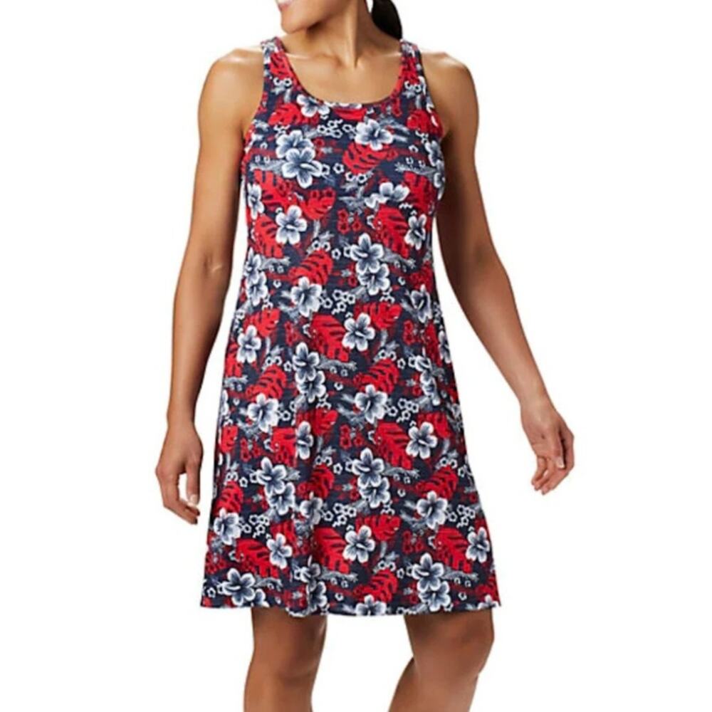 Columbia Dress SZ Medium PFG Freezer III Tropical Floral Red Sleeveless Fishing